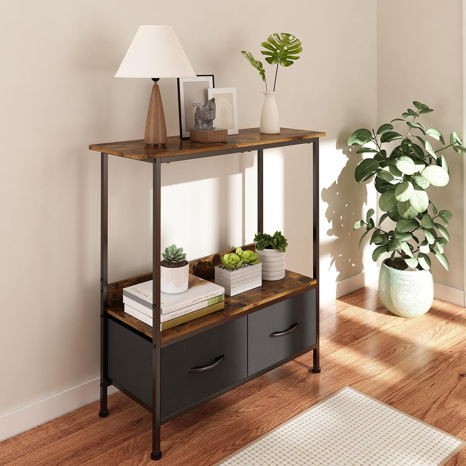 Wisdom Star Console Table with 2 Fabric Drawers, 2 Tier Industrial Sofa Black