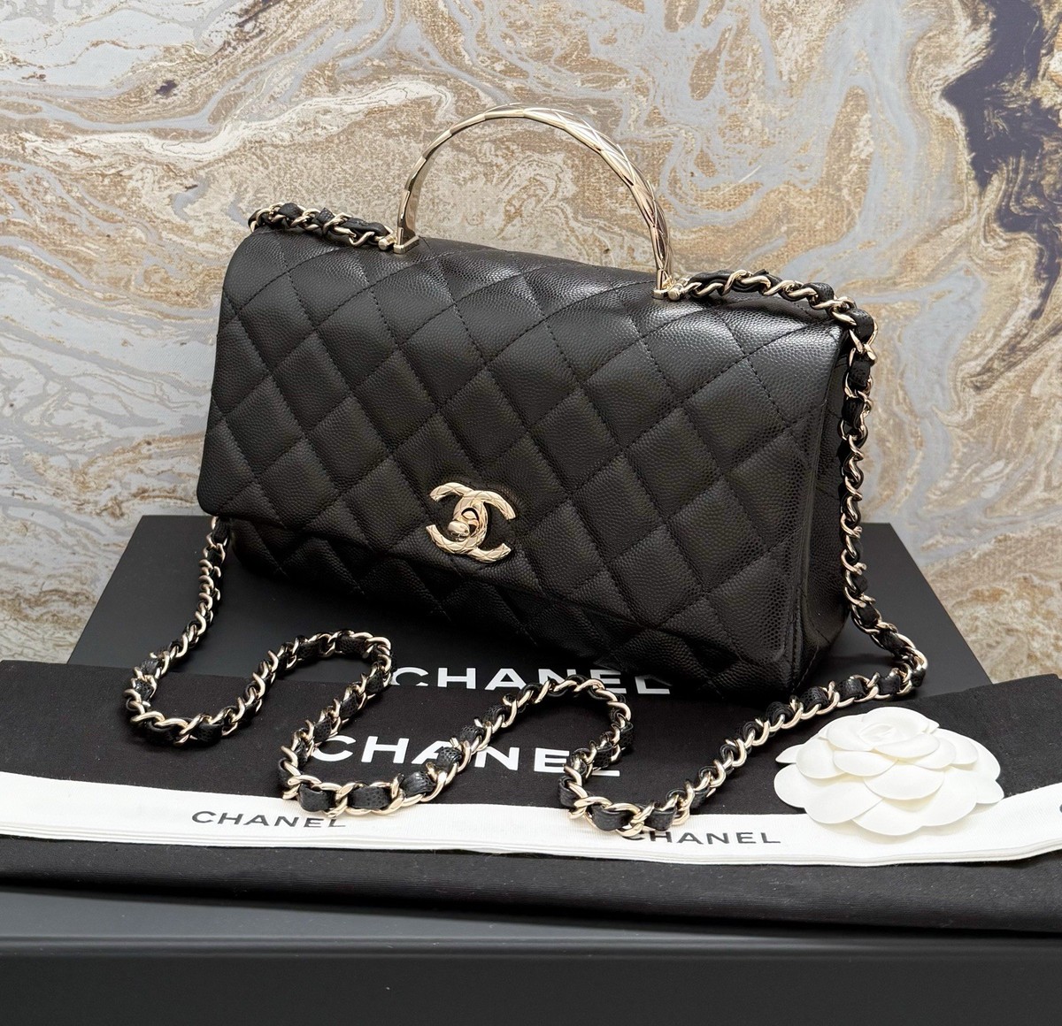 Chanel 25S Mini Coco Crush Gold Top Handle Caviar Leather Flap Bag