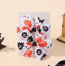 White Halloween Ghost Pumpkin Hair Bow Clip Grosgrain Ribbon Girl Barrette Set