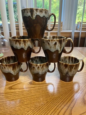 VTG SET OF 6 CANONSBURG USA POTTERY  BROWN DRIP GLAZE COFFEE/ TEA COCOA MUGS