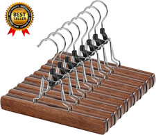 12 Pack Wooden Pants Hangers with Clips Non Slip Skirt Hangers Walnut Trouser Cl