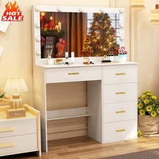 White Dressing Table Smart Large 11 LED Mirror Makeup Vanity Desk w/5 Drawers