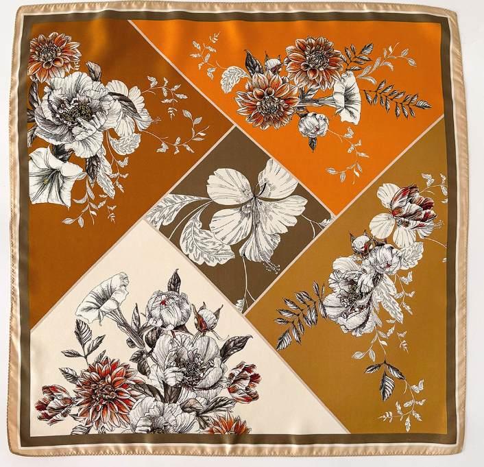 Twill Silk 14 Momme 2 face Scarf Square Grey flower Print Shawl Bandanna 26''