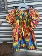 Ivy Jane Multicolored S/S Top With Tassels On Tie Sz L