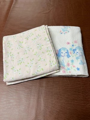 (2) Vintage (1970's) Receiving Blankets - Bunnies, Puppies, Flowers - Cute !