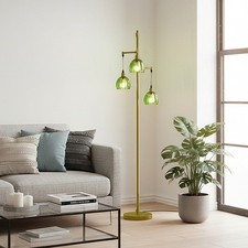 3-Head Floor Lamp Gold Frame with Green Glass Shades Reading & Decorative Lamp