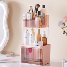 Delamu 3-Tier Makeup Organizer with Drawers  6-Grid Top Pink Vanity Storage