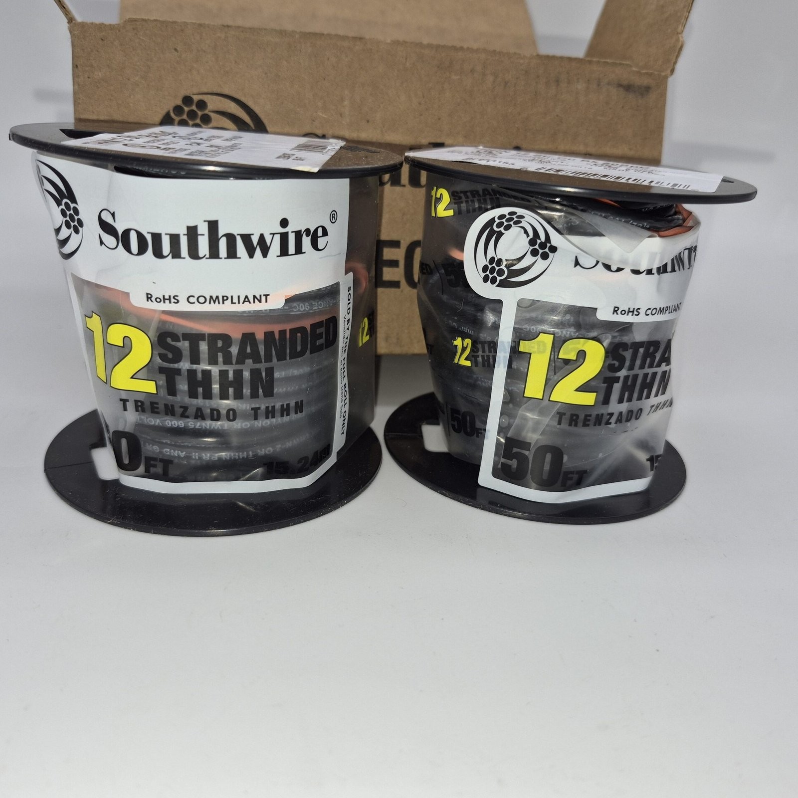 2 Rolls Southwire 22964183 50 ft 12 AWG Black Stranded CU THHN Wire, 100 Ft Tot