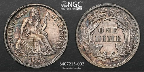 1876-P  10C SEATED LIBERTY DIME SILVER NGC MS64 #8407215-002  "NEAT TONING!"