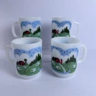4 VTG Anchor Hocking Country Farm Meadows Milk Glass Mug Set Stackable USA Nina