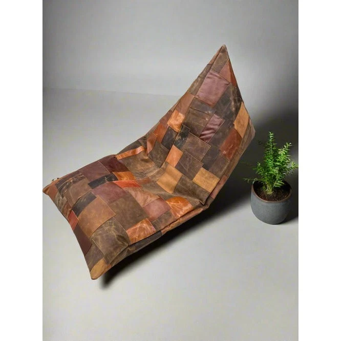 Vintage Leather Patchwork Bean Bag Cover - Upcycled Cowhide Lounger - Image 4 of 4