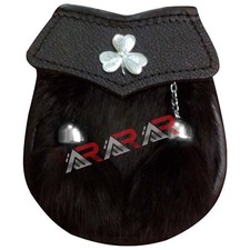 Irish Shamrock Leather Boys Sporran Black Fur Front 2 Tassels Chain AAR New