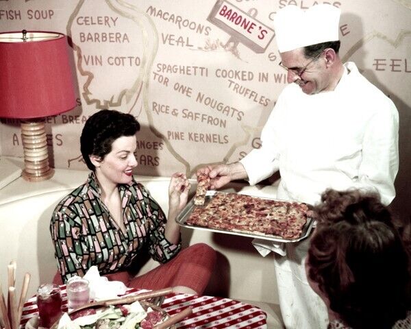 Jane Russell 1950's era samples pizza at famed Barone's 8x10 inch real photo