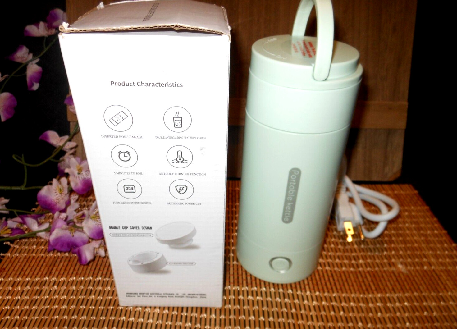 PORTABLE ELECTRIC KETTLE ~ TRAVEL BOILING KETTLE BOTTLE  ~ MINT GREEN ~ NEW