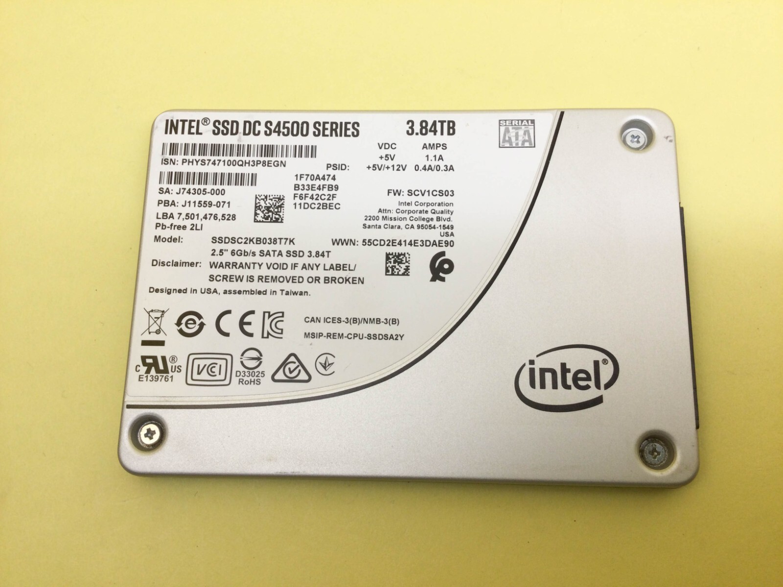 Intel DC S4500 Series 3.84TB SATA 6Gb/s 2.5'' SSD SSDSC2KB038T7K. Available Now for $259.00