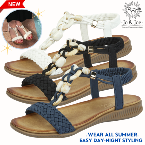 Ladies Jo & Joe Sandals Elastic Slingback Marble Beaded T Bar Woven Summer Shoes - Afbeelding 1 van 14