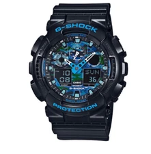 Casio G-Shock Black Resin Blue Dial Analog Digital Sports Watch GA-100CB-1ACR