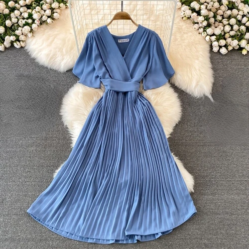 Damen Midikleid A-Linie Swing kurz Schlagärmel V-Ausschnitt Plissee elegant Sommer - Bild 11 von 35