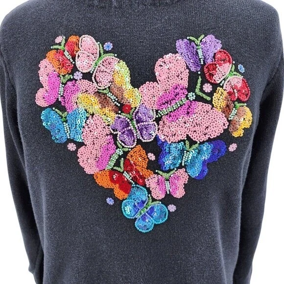 Vintage Quacker Factory Womens 1X Sweater Embellished Sequins Heart Butterfly - Image 2 of 4