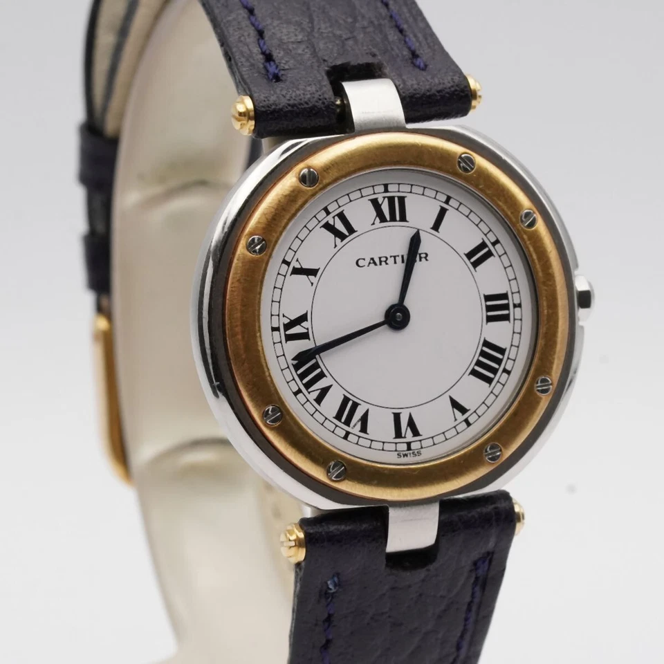 CARTIER SANTOS RONDE QUARTZ DAMEN UHR 33MM STAHL/GOLD VINTAGE MIT LEDER BAND 3 - Bild 2 von 4