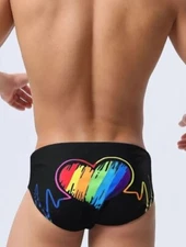 New Men's Sexy Pride Love Heartbeat Low Rise Bikini Style Swim Brief - Gay