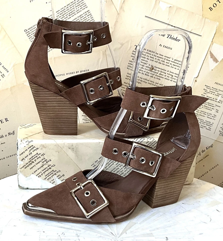 Free People Jeffrey Campbell Hendrix Heels Silver Trim Brown Suede 9 NEW - Image 3 of 4