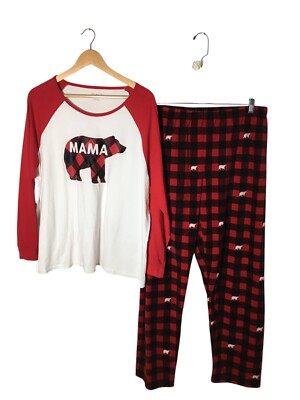 Place Pajama Set Women's Size 3XL Red Plaid Mama Bear Long Sleeve Fleece