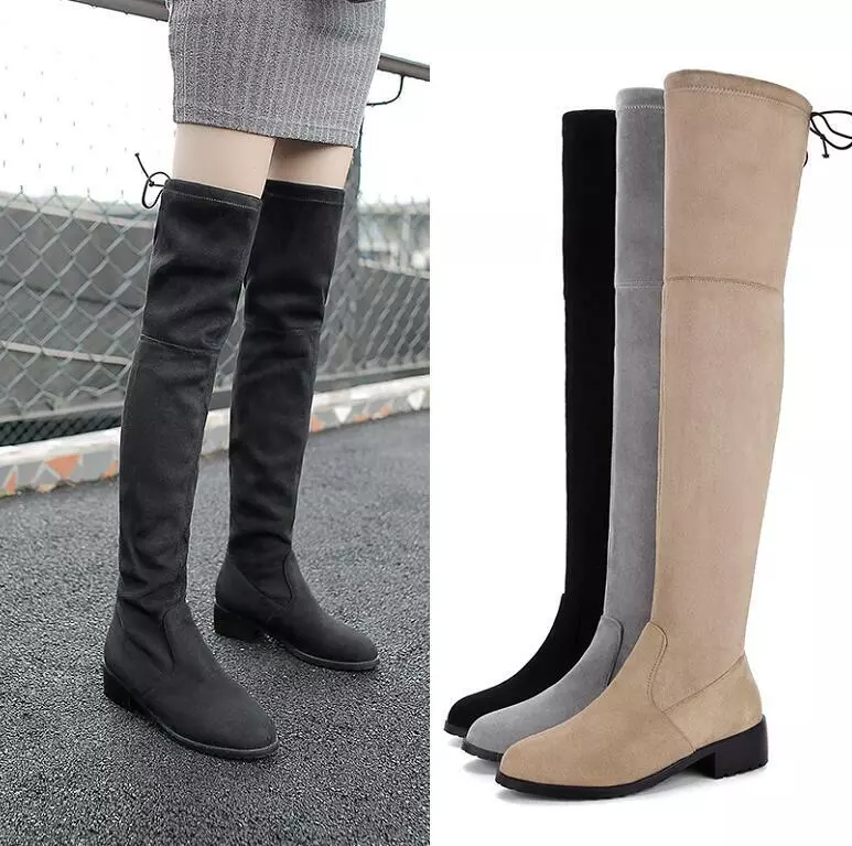Women Round Toe Low Heel Over Knee High Flat Boots Pull On Runway Large Size New