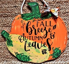 FALL Breeze AUTUMN  Leaves PUMPKIN SIGN Wall Door Hanger Plaque Halloween Decor