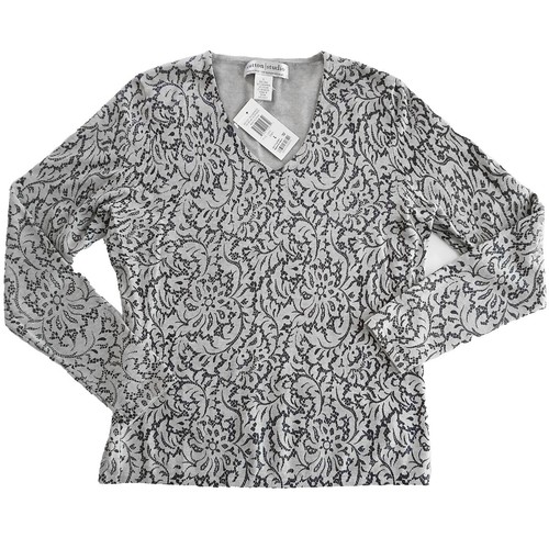 LEONARD Wool Silk Floral Jacquard V-neck Knit Sweater Size M(K