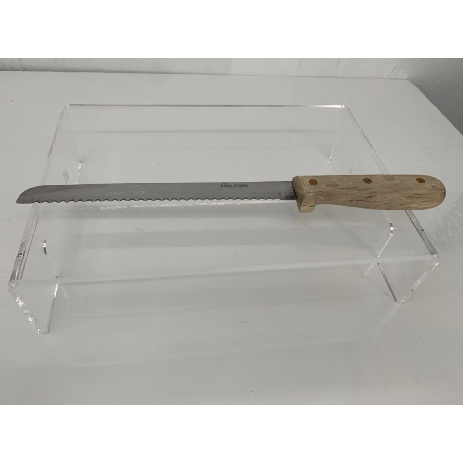 Kuhl Stainless Steel Bread Knife 8" Serrated Blade Wood Handle Scratches
