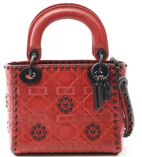 Christian DIOR Lady Mini Lady Dior Red Leather Handbag Canaje studs w/Strap✨
