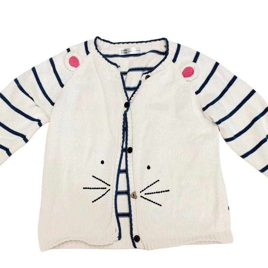 Kids Girl Hello Baby Cardigan White Striped Cat 130 7-8Yrs