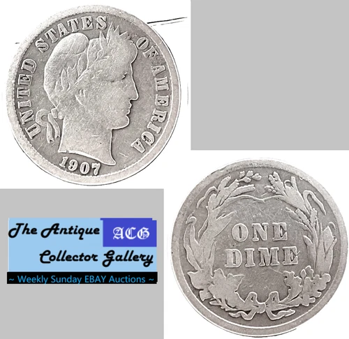 1907⌛US Philadelphia Mint Silver Barber Dime🪙Antique🪙
