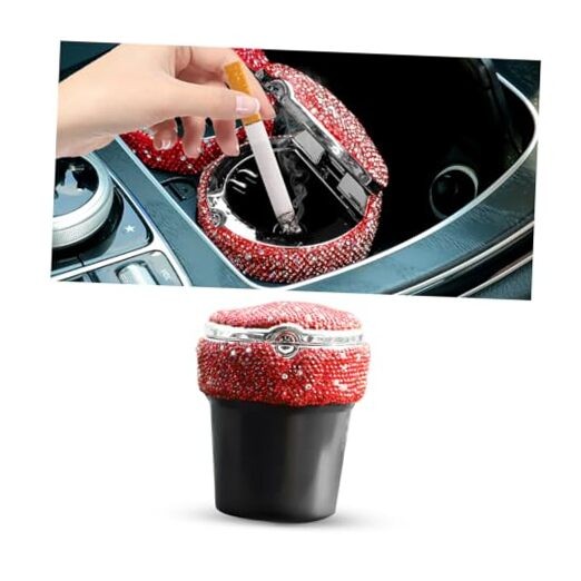 cigarette ashtray for car BESULEN Bling Car Ashtray, Portable Auto Cigarette Ashtray with Lid, Red