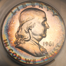 1961 Franklin Silver Half Dollar 50C ANACS PF63 Ultra Cameo Rainbow Toning Star
