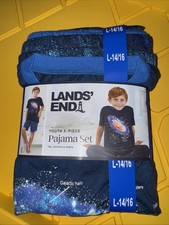Lands End Boys Blue Color 3 Piece Pajama Set Tee, Shorts  Pants Size Large B95