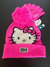 New Girls Hello Kitty Winter Hat and Gloves Toboggan Hot Pink Christmas Gift