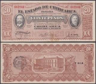 El Estado De Chihuahua Mexico 20 Pesos 1915 VF P S536