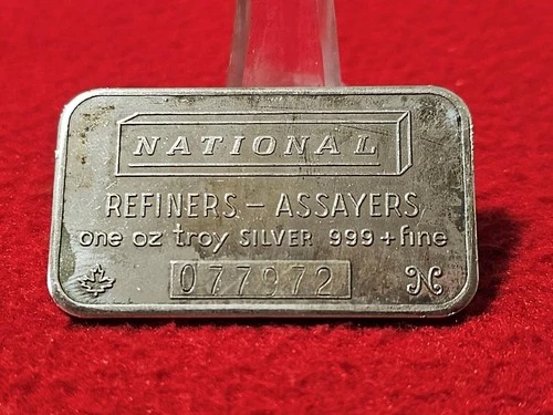 1 TROY OZ 999.0 SILVER INGOT. NATIONAL REFINERS ASSAYERS CANADA #077972  #T1859