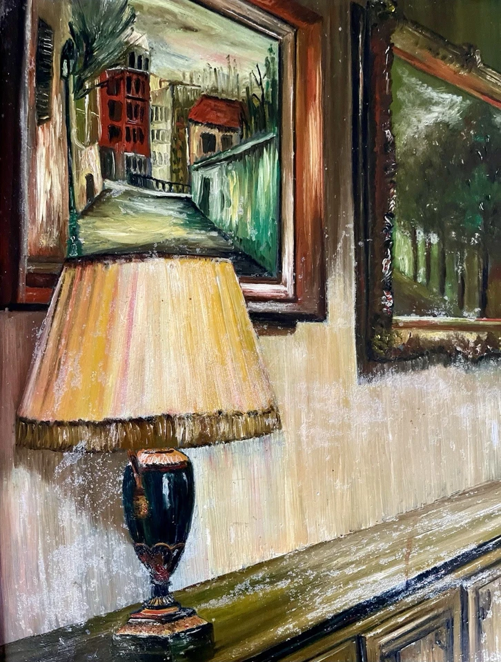 Ancien tableau scène d’intérieur portrait maison atelier peinture art moderne XX - Photo 4/4