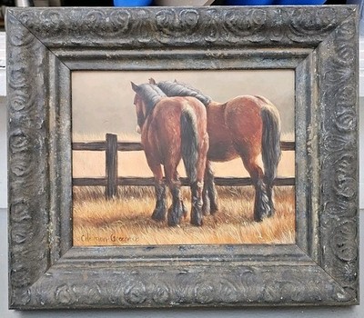 C Heiman-Greene Painting 2006 Fine Art Framed Hanging 2 Horses Fence