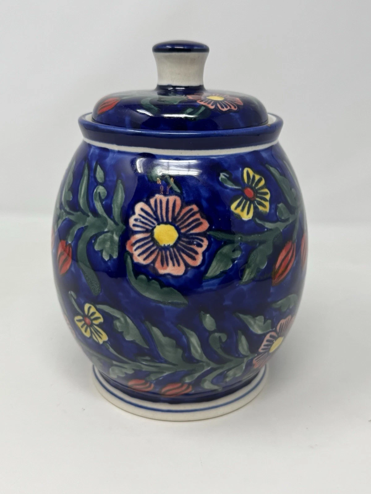 floral jar ceramic flowers blue 8” tall new VHTF hand painted Springtime