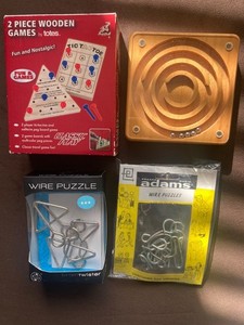 Vintage Wood Peg Games, Wire Puzzles and a Ball bearing Maze game