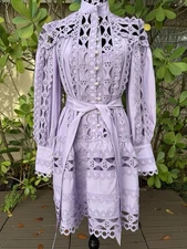 De Angeli Purple Lilac Lavender Eyelet Pearl Buttons Long Sleeves Lace Dress O/S