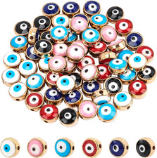 60 Pcs 8Mm Acrylic Evil Eye Beads, Flat round Opaque Gold Plated Evil Eye Charms