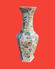 CHINE Vase ancien Hexagonal en Céramique de Chine Haut 37cm
