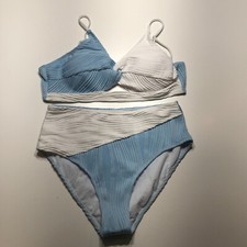 NEW 2-Piece Bikini Set Blue White Texture Colorblock Bathing Suit Womens Large
