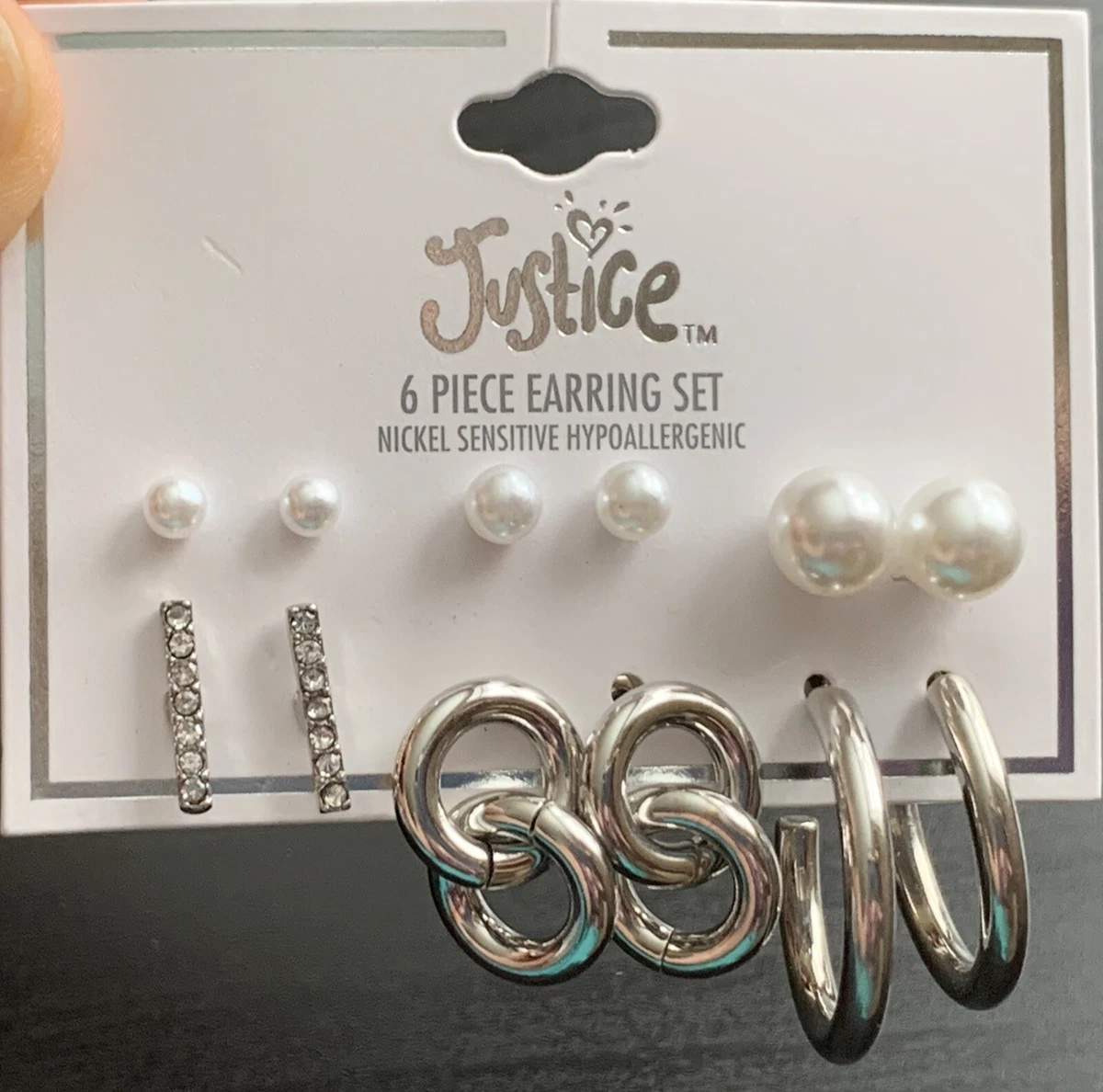 Justice Earrings 6 Pairs Stud Post Back Earring Set Balls Pearls Bars Hoops
