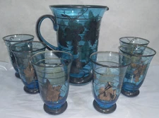 Vintage Hand Blown Blue Grape Footed Pitcher & Cups Made in Italy Set of 7